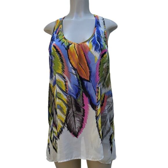 Ali & Kris Tunic Tank Top Women's Large Multicolor Feather Print Sheer Racerback - Picture 8 of 13